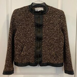 Jones New York Tweed Jacket Coat Women’s Sz 14 Brown Wool Leather Vintage Lined
